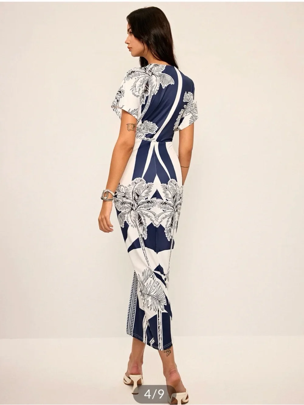 COMMENSE Printed Deep V-Neck Navy & White Midi Dress - Picture 3 of 7